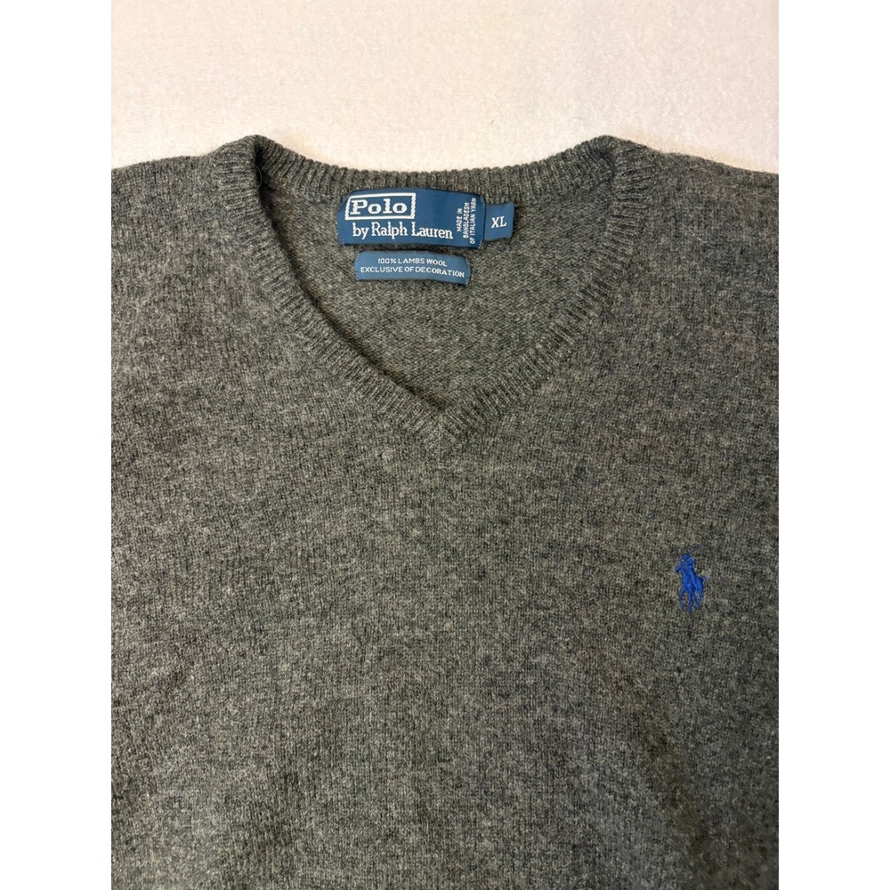 Polo Ralph Lauren Mens XL Gray 100% Lambswool V-Neck Sweater Blue Pony Logo